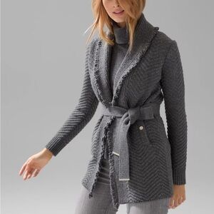 White House Black Market Fringe Shawl Sweater Coat Grey Pockets Belt Sz XS